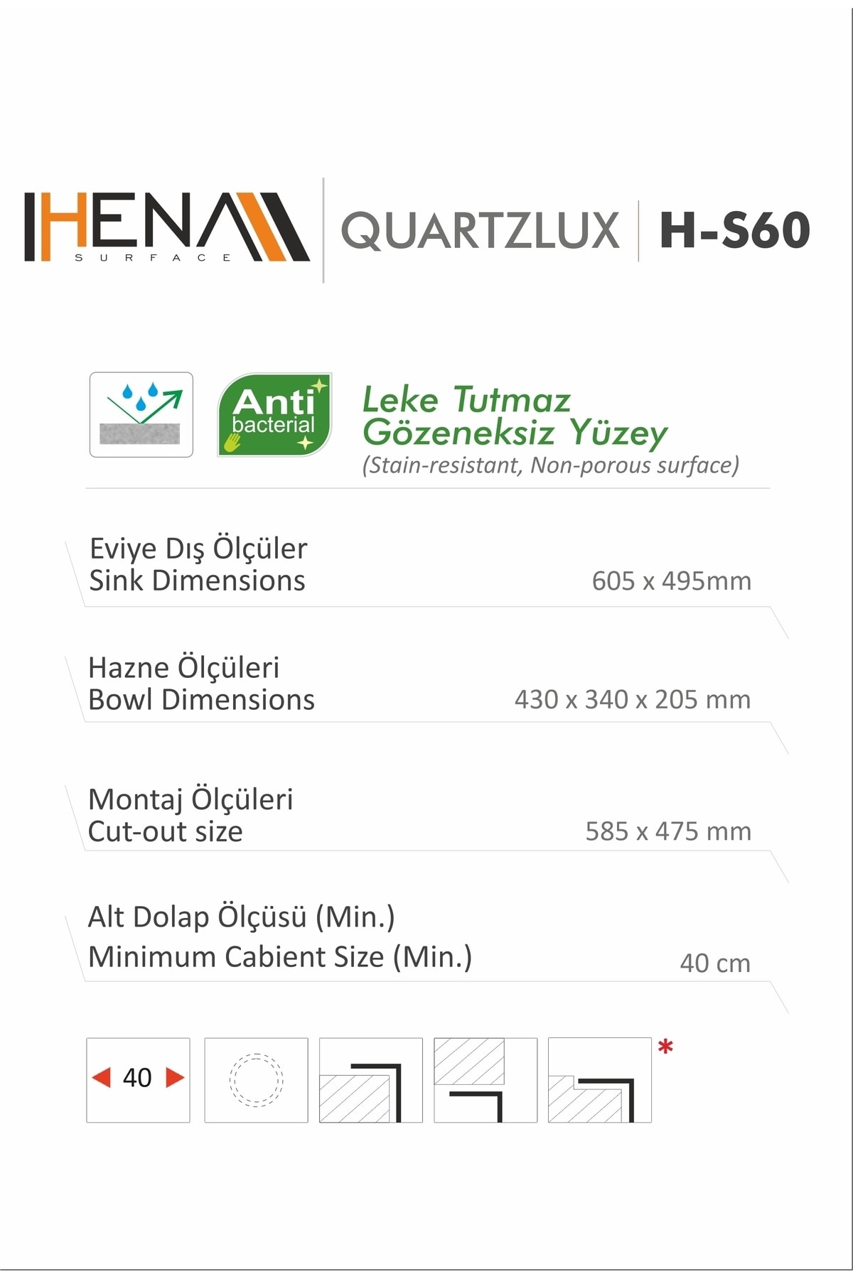 Granit Eviye 1 Gözlü Damlalıklı Gri 60x50 Granit Evye Kuvars