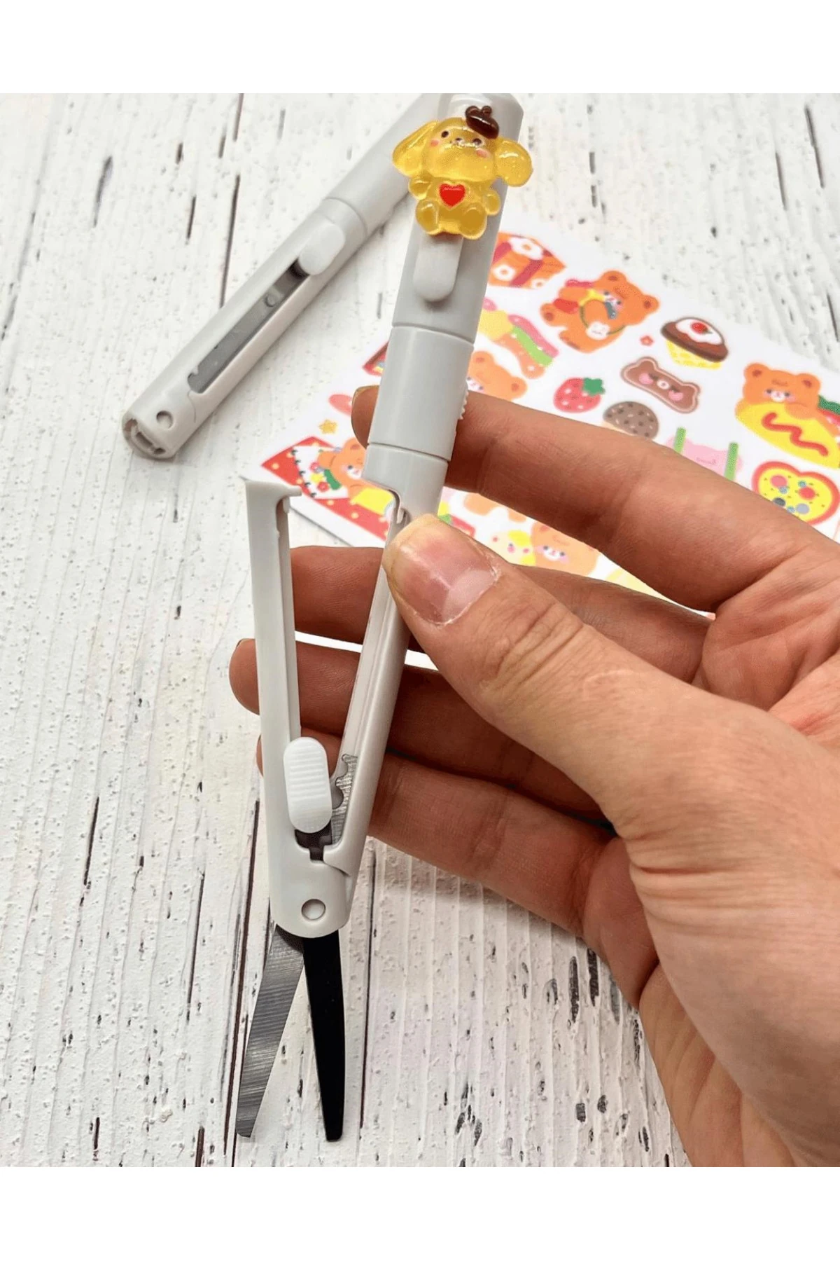 Sanrio Purin Karakterli Gri Kalem Görünümlü Çift Uç Tasarım Makas Ve Maket Bıçağı/Falçata