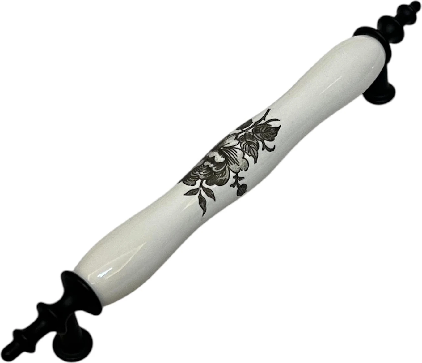 Porselen Kulp Siyah Gül Desenli 128MM(12.8CM) Ayakları Siyah Mobilya Çekmece Kapak Kulbu