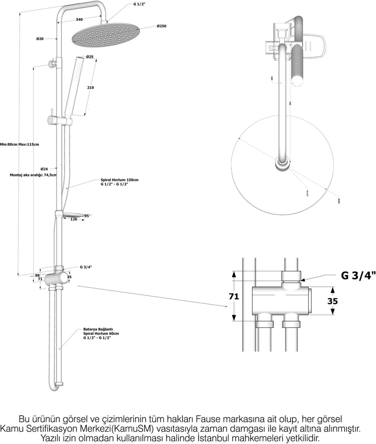 Teleskopik Kolonlu Tepe Duş Seti Robot Duş Yağmurlama Pirinç El Başlıklı Siyah KDS106-2B