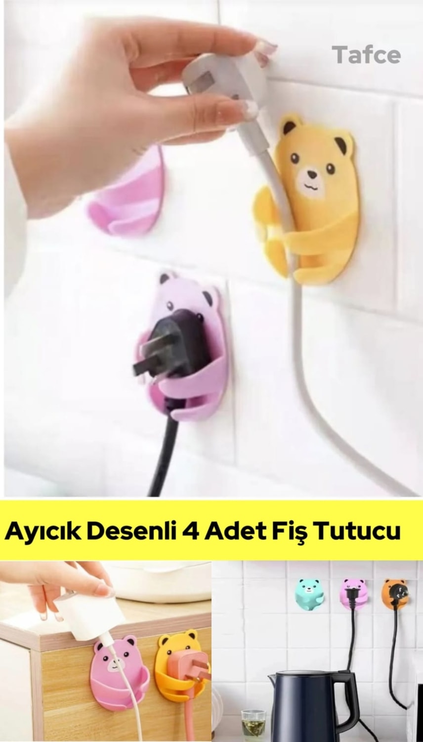 Ayıcık Desenli Çok Amaçlı 4 Lü Fiş Tutucu Kablo Düzenleyici