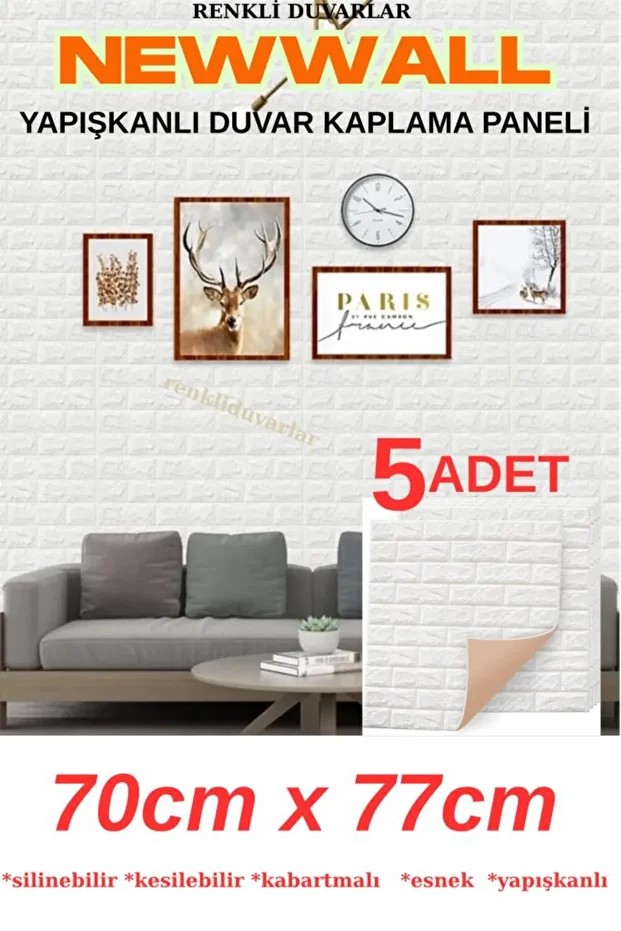 Beyaz Tuğla Desen 5 Adet 70cmx77cm Kendinden Yapışkanlı Duvar Paneli Kağıdı