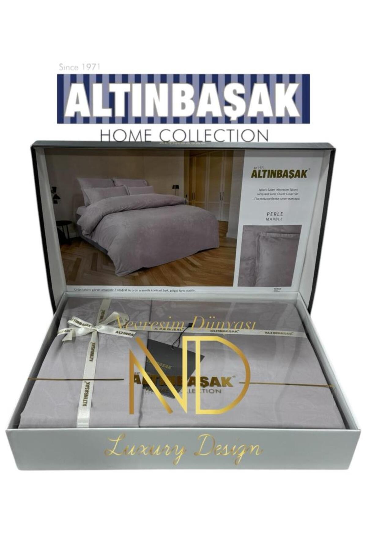 Jakarlı Saten Çift Kişilik Nevresim Takımı Perle Marble