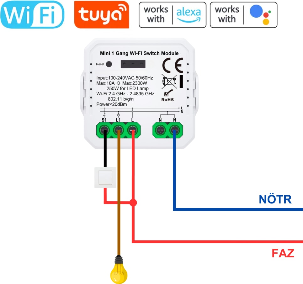 Tuya Uyumlu Tekli Wifi Akıllı Anahtar (10A - 220V Röle) - Tek Çıkışlı, Anahtar Girişli, Google Asistan, Alexa Destekli Switch