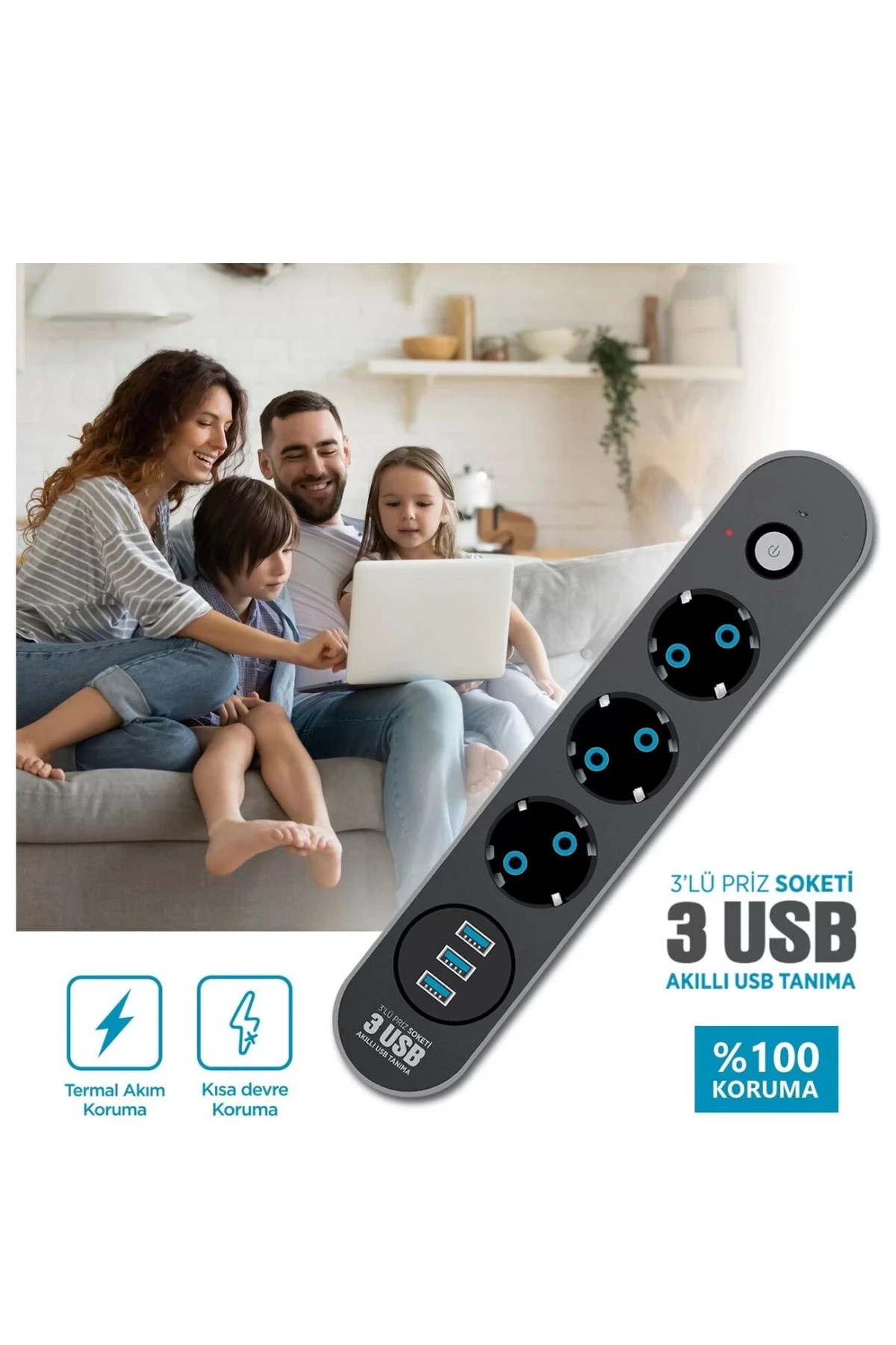 Termal Akım Korumalı Akıllı 3 Lü Grup Priz Ve 3 Lü USB Şarj Portlu 2 Metre Uzatma