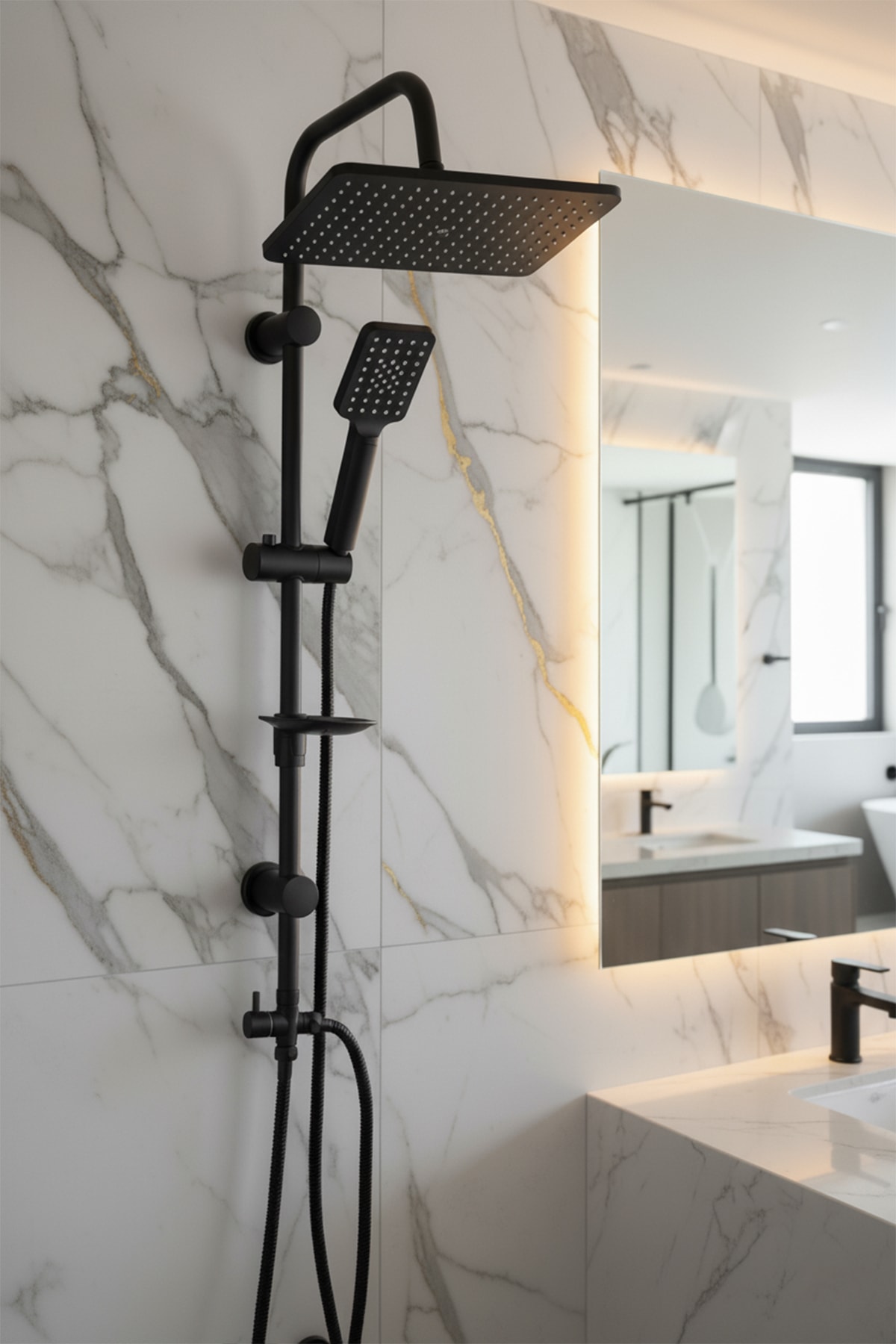 Tepe Yağmurlama Kirec Kırıcılı Siyah Çibaba Duş Seti Pirinç Yönlendirici Siyah