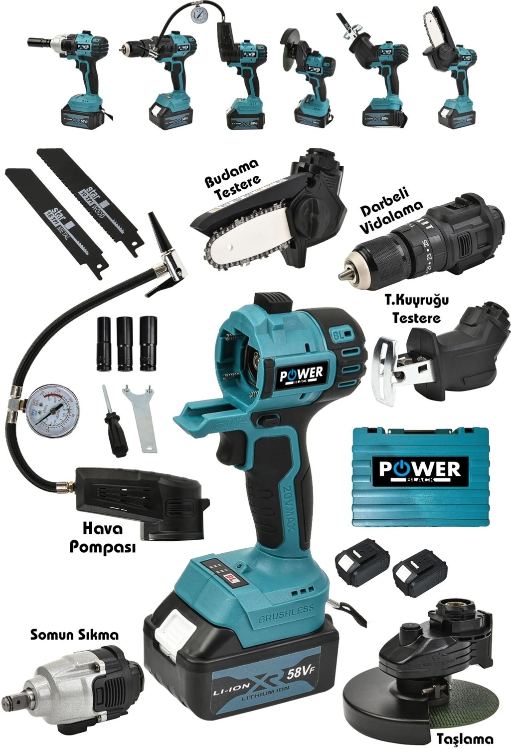 Kablosuz 6 Lı Pro Set Tilki Kuyruğu Taşlama Somun Sökme Havalı Pompa Şarjlı Matkap Testere Mavi 52