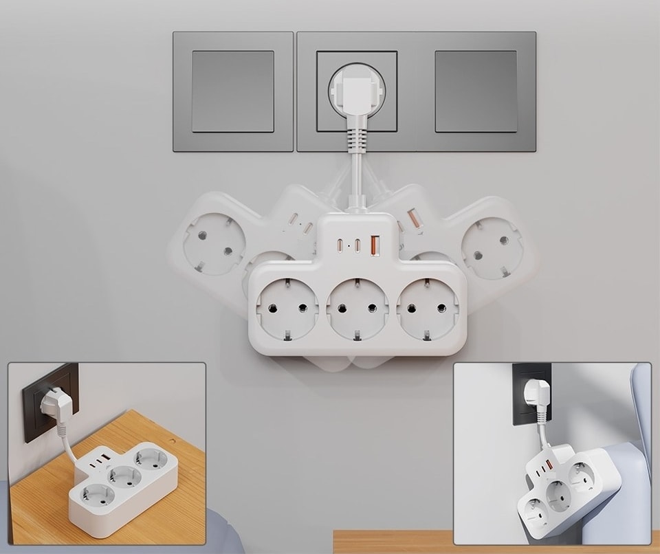 Beyaz Akıllı Priz Termal Korumalı 3 Prizli Çoklu Akım Prizi | 2 Usb-A + 1 USB - Korumalı Priz