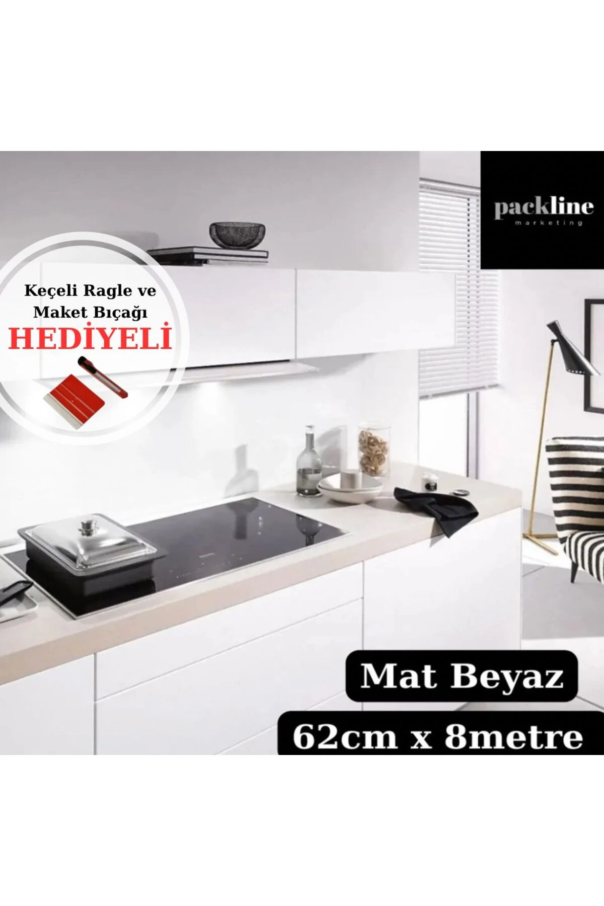 Mat Beyaz Mobilya Ve Dolap Kaplama Folyosu Ragle Ve Maket Bıçağı Hediyeli 62cm X 8 Metre