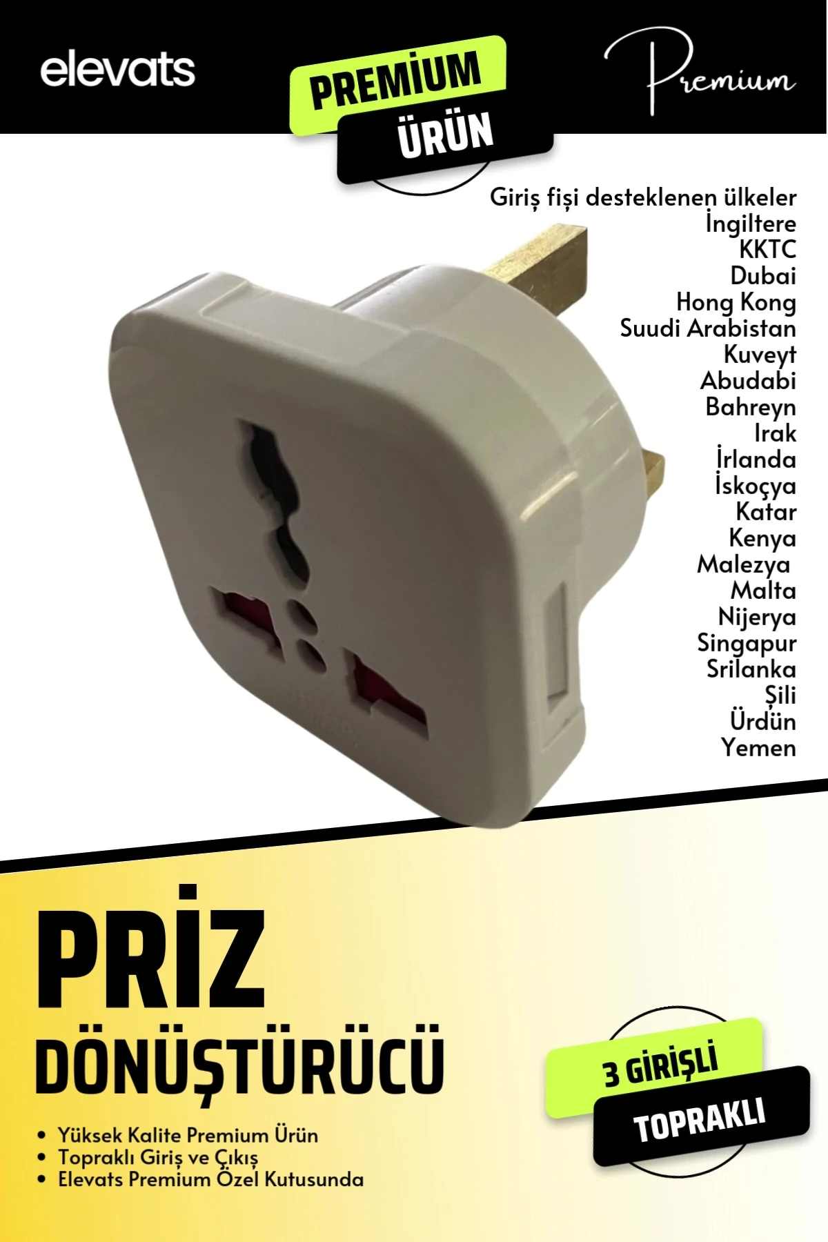 Premium İngiliz Erkek Fişli Seyahat Adaptörü Arabistan Umre Hac Fişi Çevirici Priz Dönüştürücü