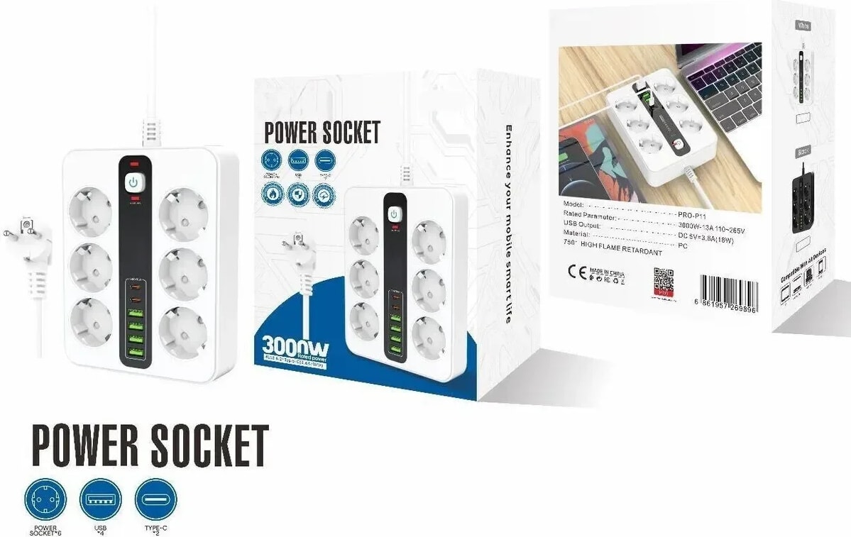 6'lı Grup Priz 4xusb 2xtype-C Çıkışlı Isıya Dayanıklı Power Tuşlu 2 mt Kablolu Priz Çoğaltıcı