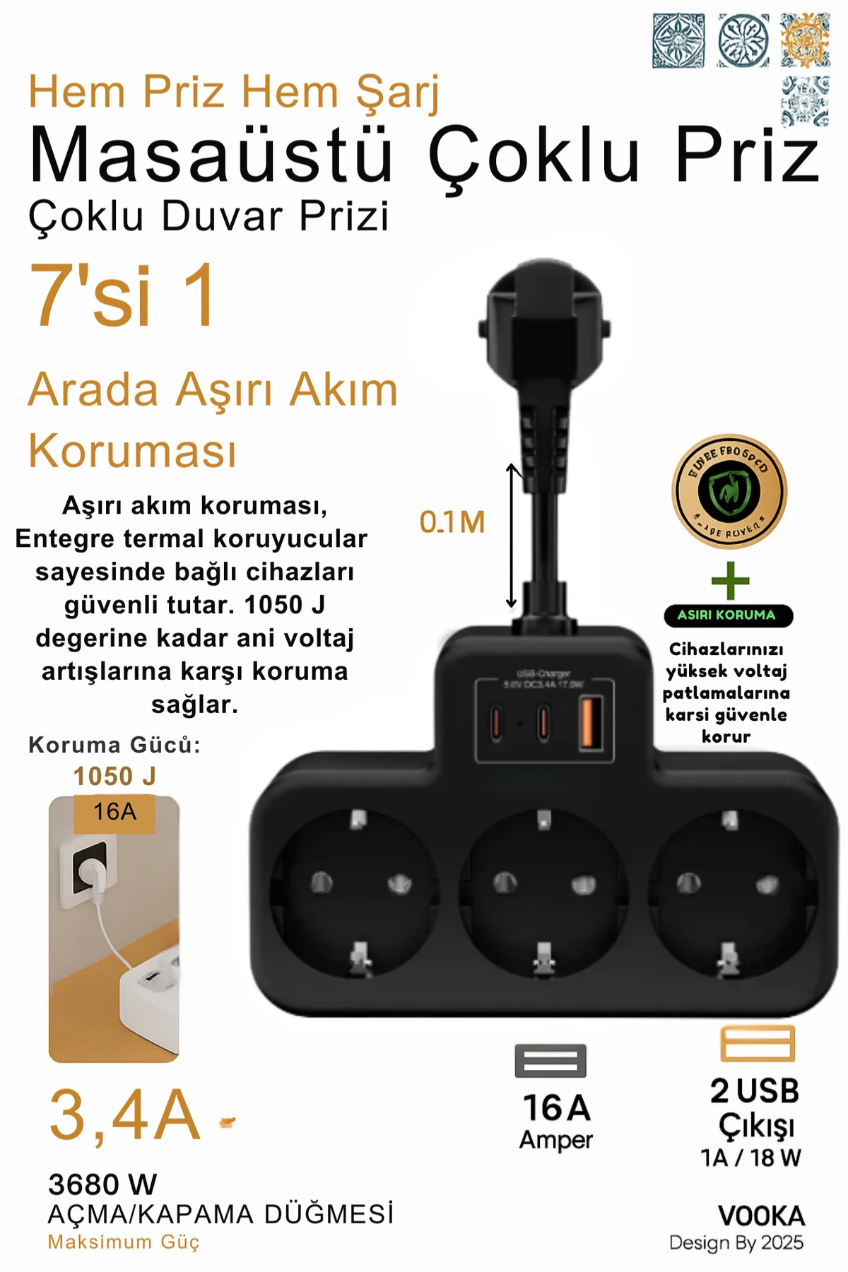 Akıllı Priz Termal Korumalı 3 Prizli Çoklu Akım Prizi | 1 USB-A + 2 USB-C 3 Socket 3680W 16A