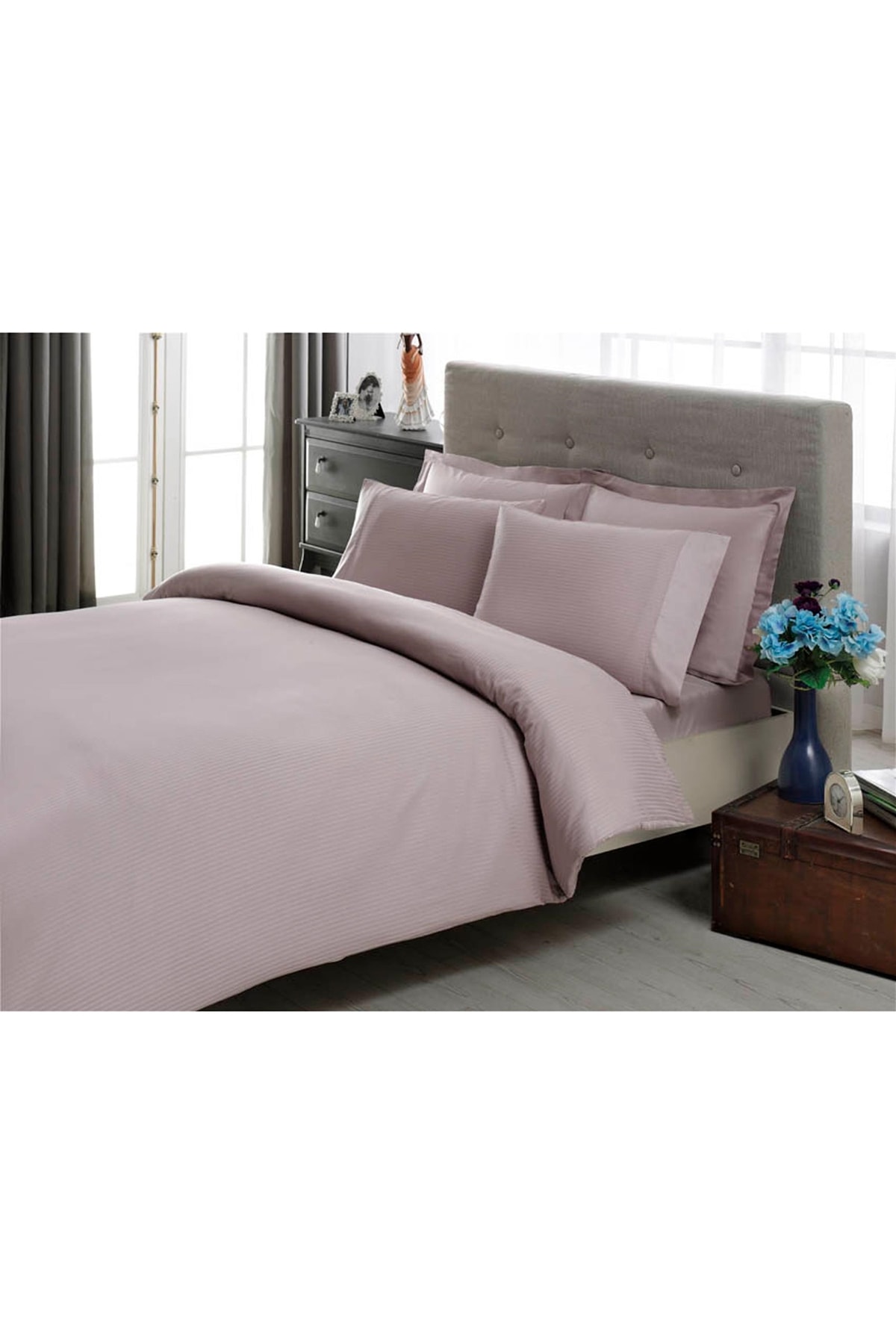 Stripe Premium Basic King Size Nevresim Takımı Lila