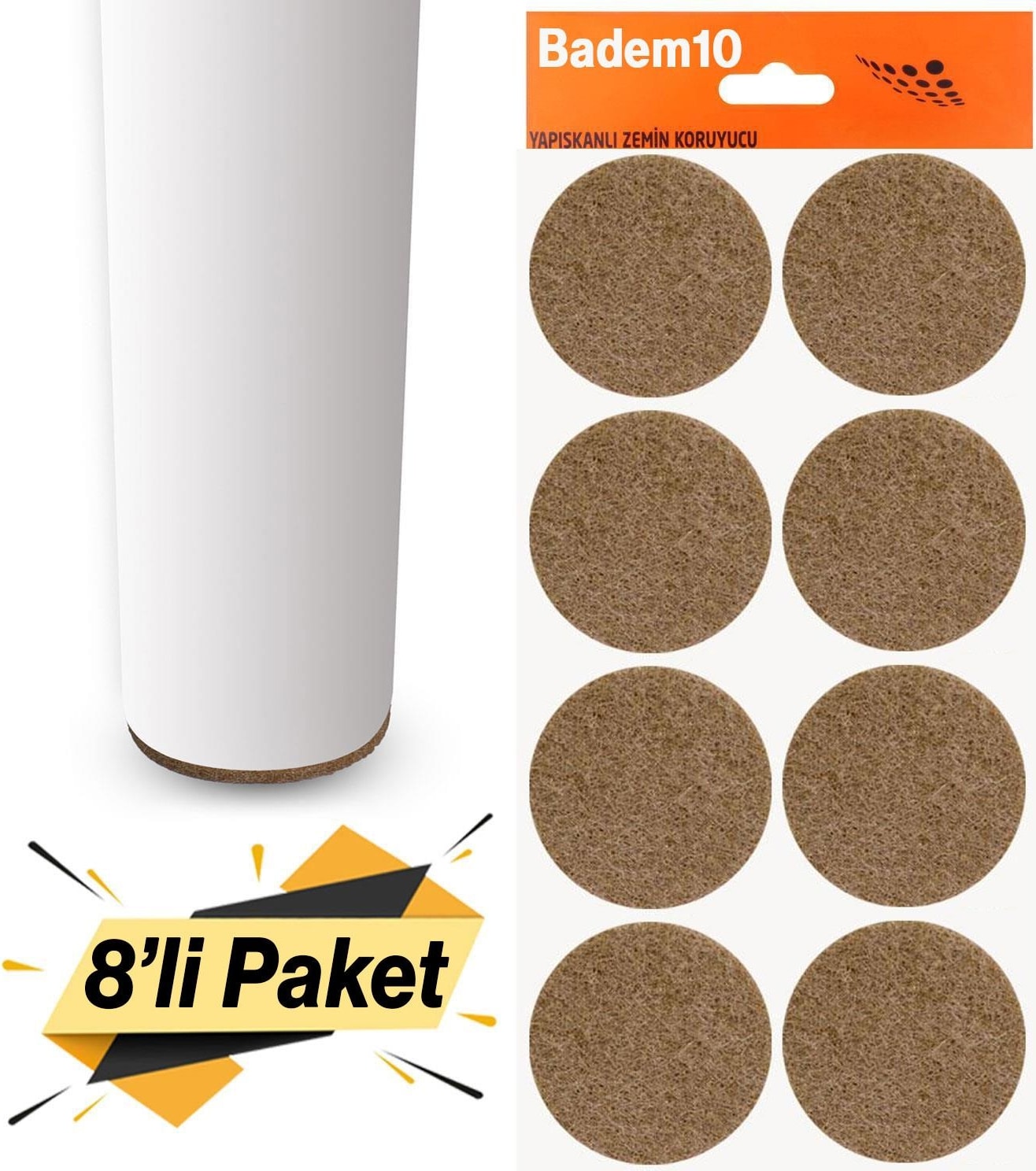 Zemin Koruyucu Keçe 50 mm Yapışkanlı (8'li Paket) Masa Sandalye Mobilya Koltuk Ayak Keçesi Yuvarlak