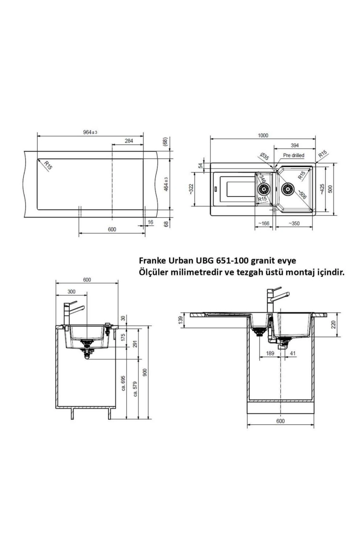 Urban UBG 651-100 Granit Evye, 1,5 Hazne, Nero, 100x50 cm