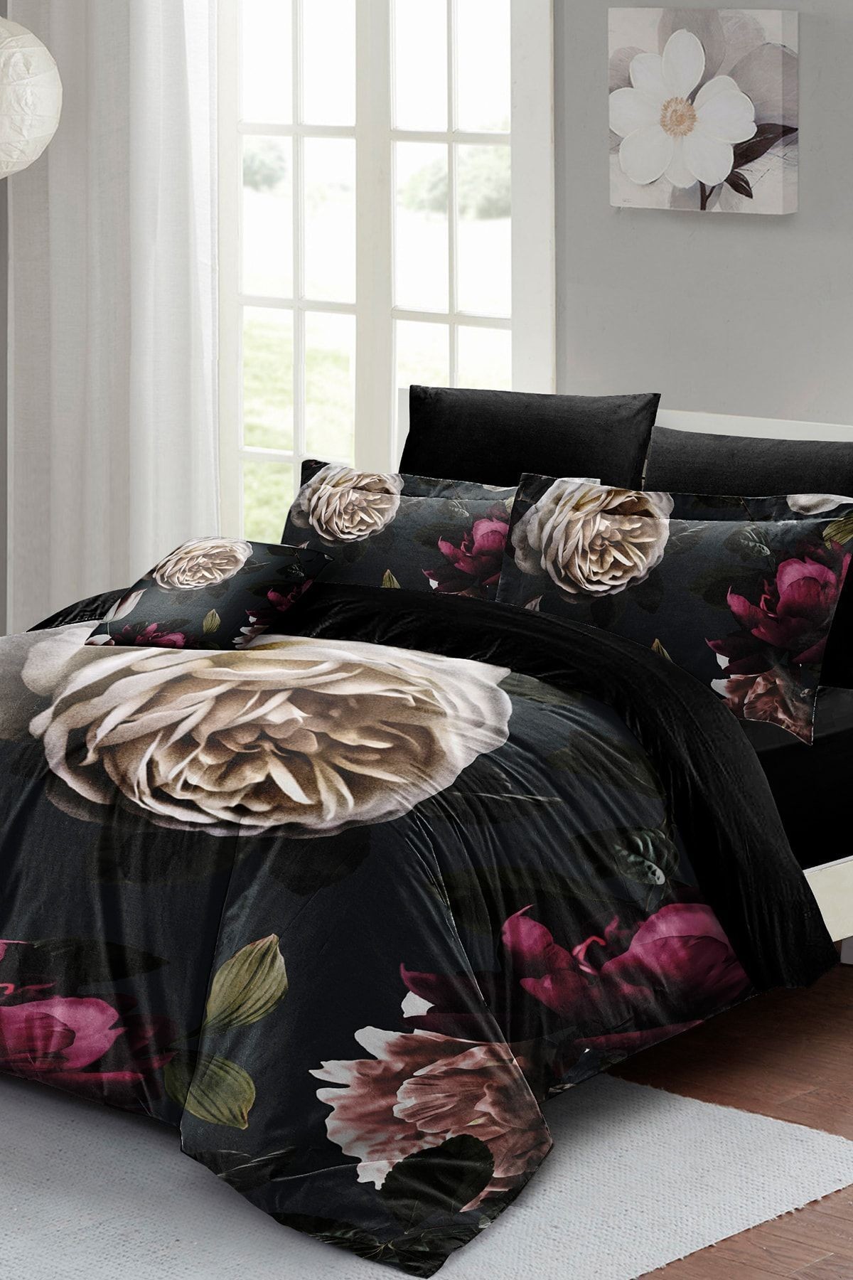 Black Flower Çift Kişilik Nevresim Takımı 3d Pamuk Saten