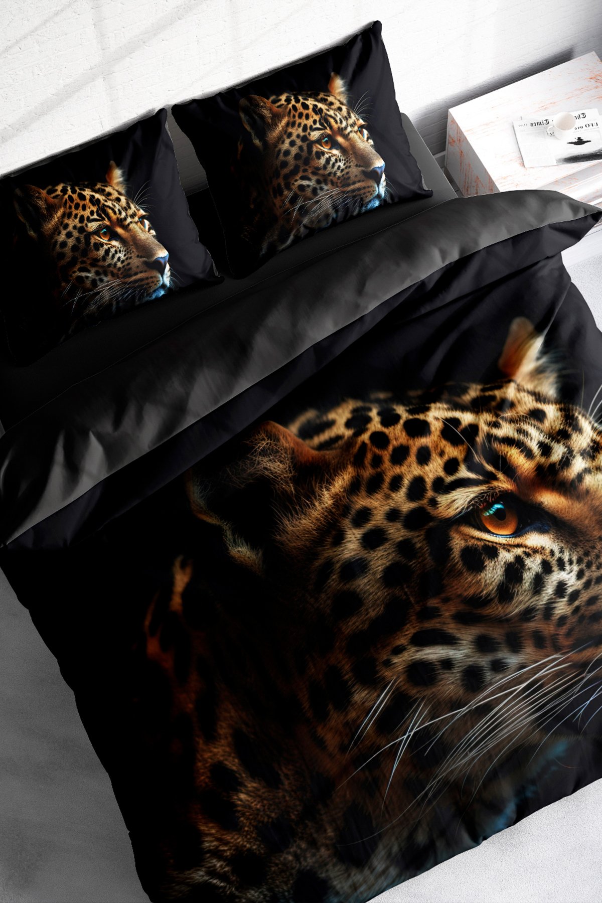 Kıng Sıze %100 Pamuk Saten Çift Kişilik Nevresim Takımı Leopard Face 220x240cm