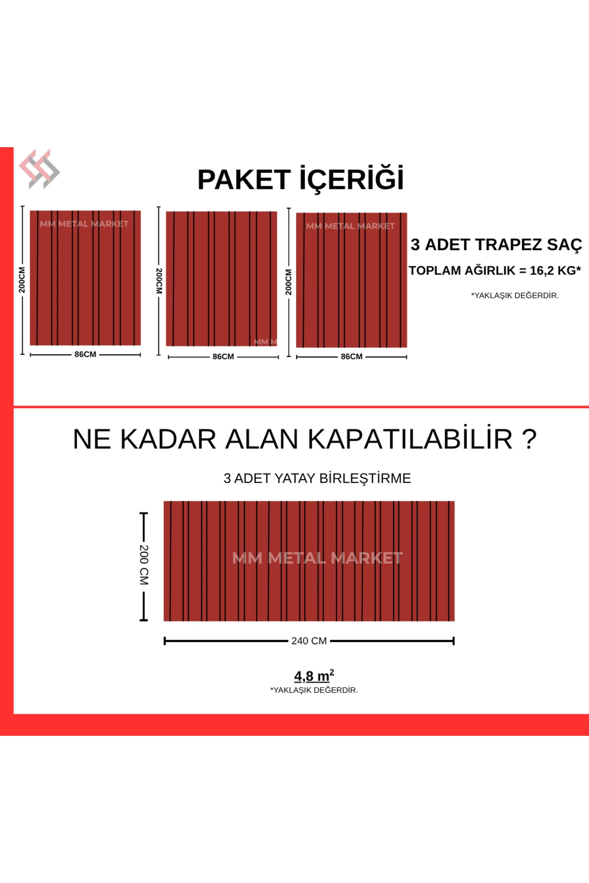 Galvanizli Trapez Çatı Kaplama Sacı – 2 Metre (3 Adet-Su Geçirmez ve Paslanmaz Metal Sac)