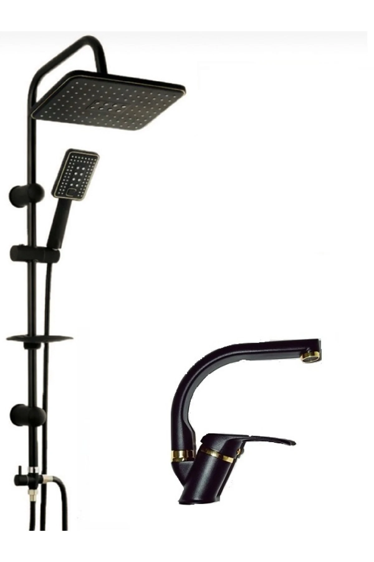 2'li Duş Seti Siyah Kaplamalı Gold Detaylı Balıksırtı Borulu Mutfak Eviye Musluğu Banyo Çeşmesi