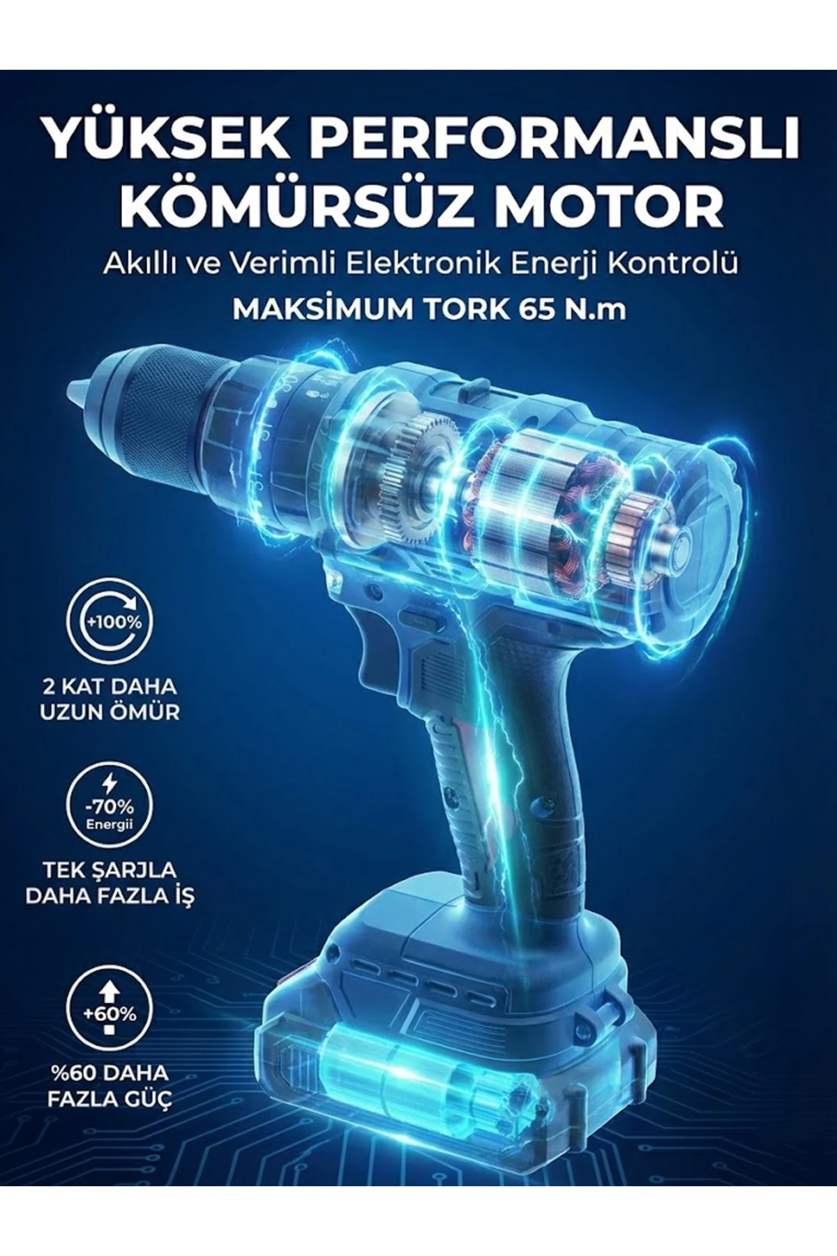 21V Bakır Sargı Kömürsüz Motor Çelik Mandren Darbeli Şarjlı Matkap Akülü Vidalama Uç Setli - Mavi