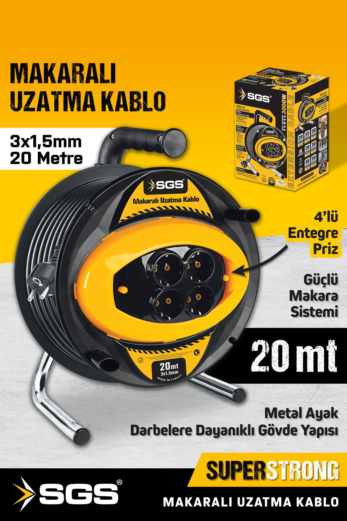 SGS2130 3x1,5mm 20 Metre Makaralı Uzatma Kablo 4 Lü Priz