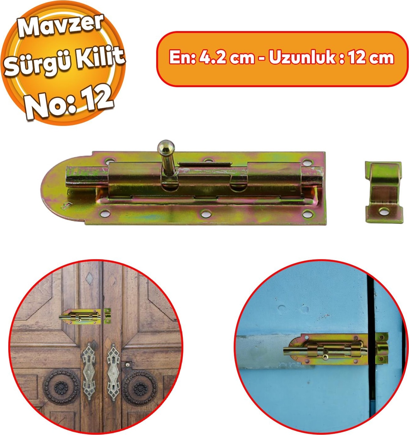 Mavzer Sürgü No:12 Kilit 42X120 mm Ahşap Pvc Demir Kapı Pencere Sürgüsü Emniyet Kilidi Sürgülü