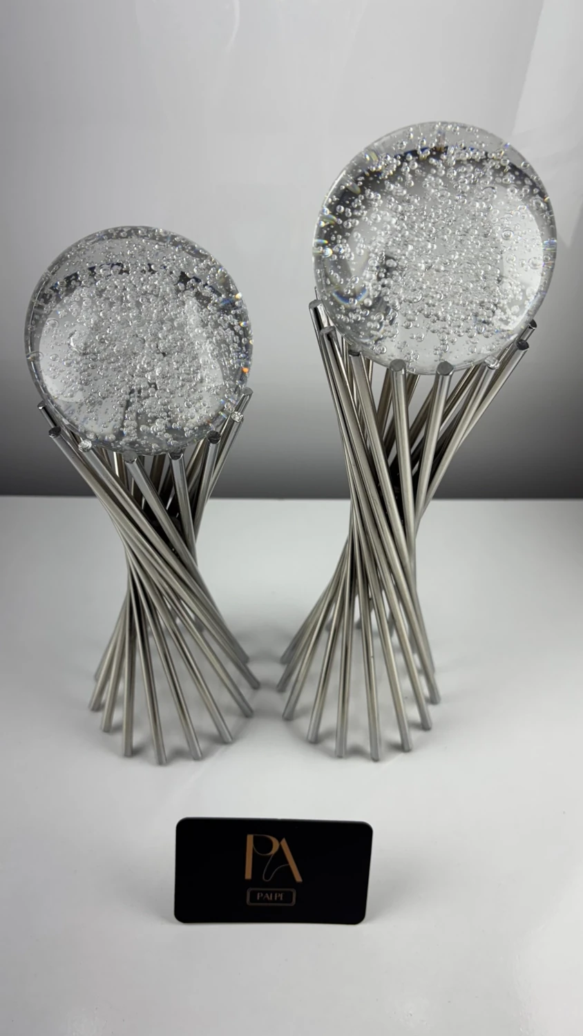 Gümüş Kabarcık Küre 2'li Metal Biblo Obje Ev Aksesuar Masa Konsol Orta Sehpa Dresuar Salon Ofis Dekor