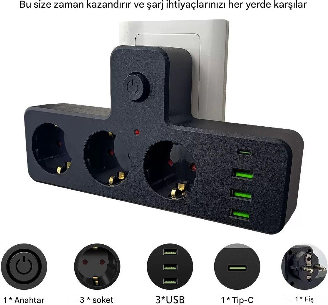 3'lü Termal Akım Korumalı Priz 3xusb 1xtype-C 20W Pd Giriş