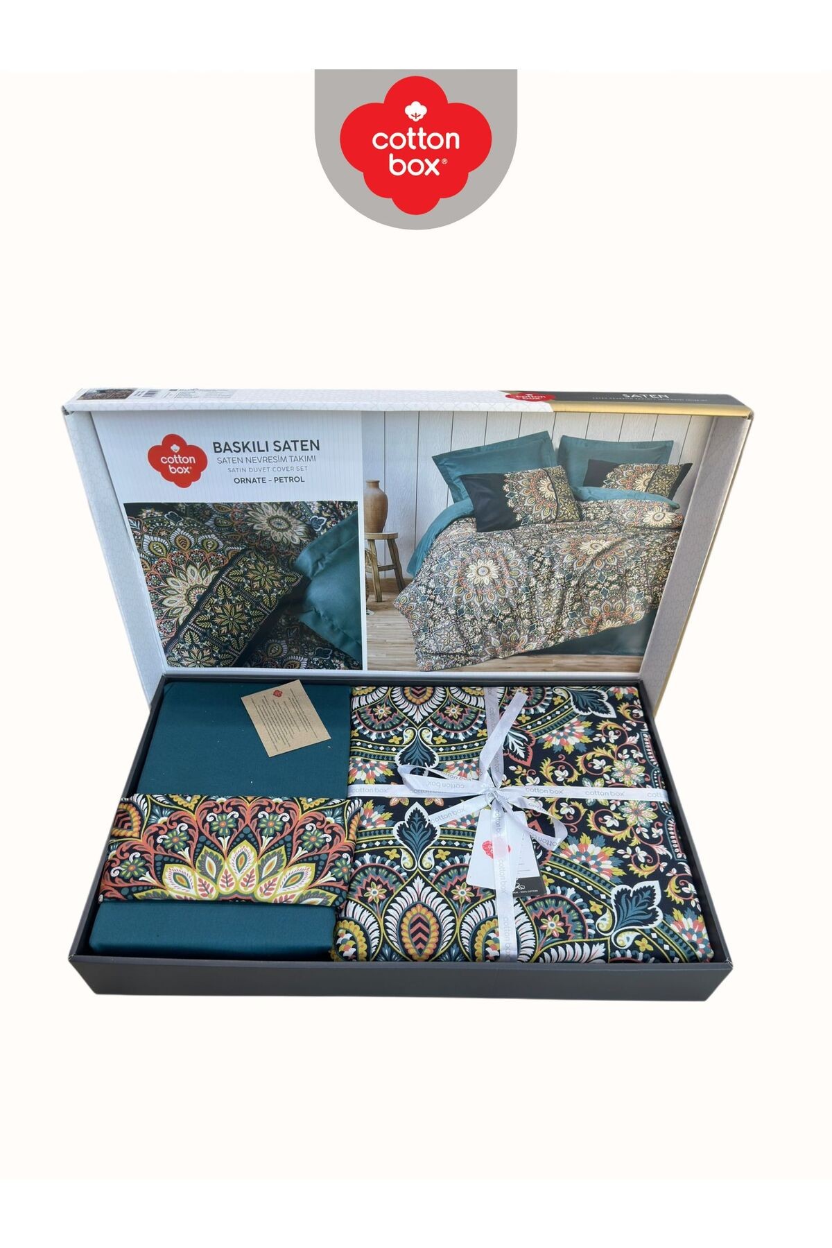 Ornate Petrol Çift Kişilik Pamuk Saten Nevresim Takımı