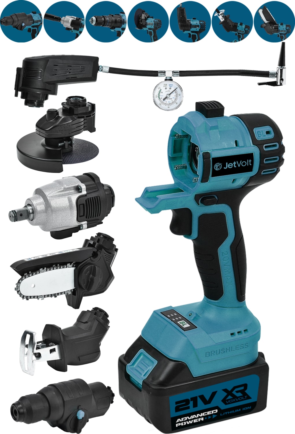 7 Başlıklı Set Taşlama Somun Sıkma Tilki Kuyruğu Dal Budama Akülü Vidalama Hava Pompası Hilti - Mavi