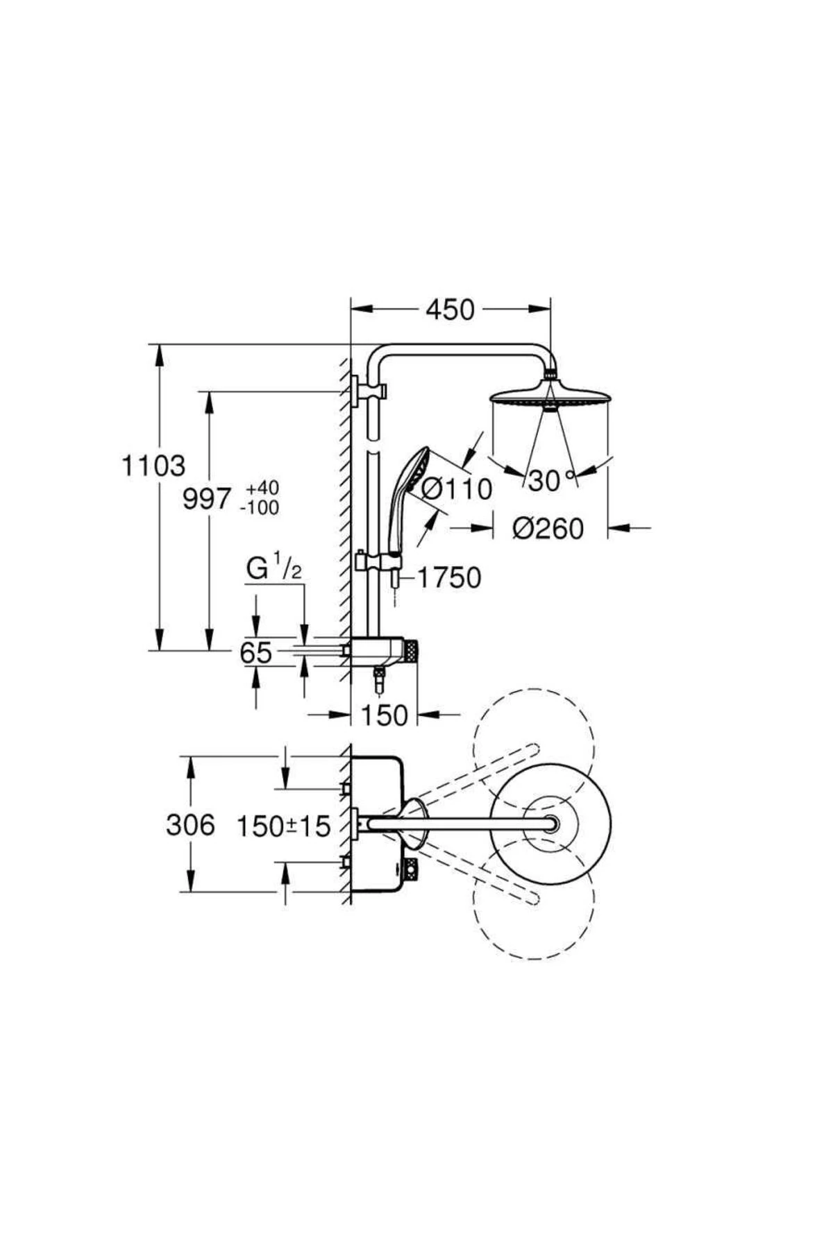 Euphoria SmartControl System 260 Mono Duvara Monte Termostatik Bataryalı Duş Sistemi - 2650900
