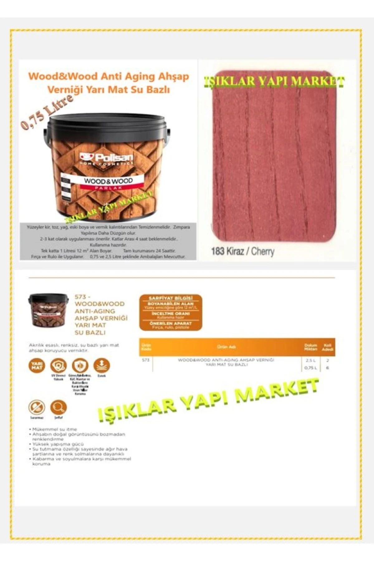 Wood&w-antiaging-ahşap Verniği-yarı Mat-su Bazlı-0,75litre (0,850KG.)-183-kiraz