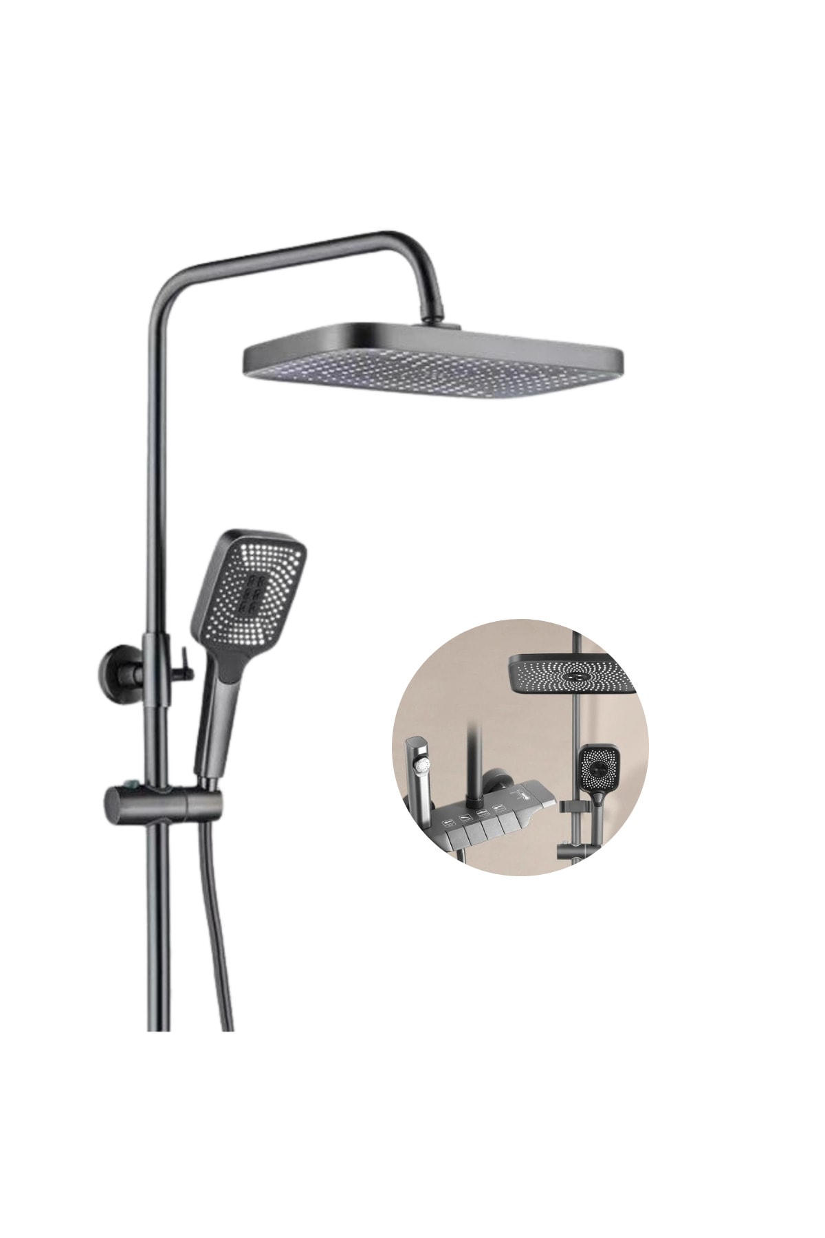 Lüks Piyano Duş Seti | Antrasit Gri Modern Tasarım, Spiral El Duşu Tepe Duş Piyano Tuş Panel