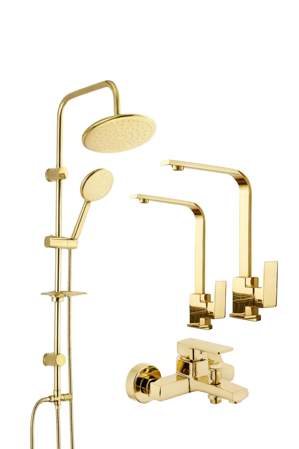 Gold Yuvarlak Robot Duş Seti 4’lü | Kare Banyo & Mutfak Eviye Lavabo Bataryası Musluk Takımı