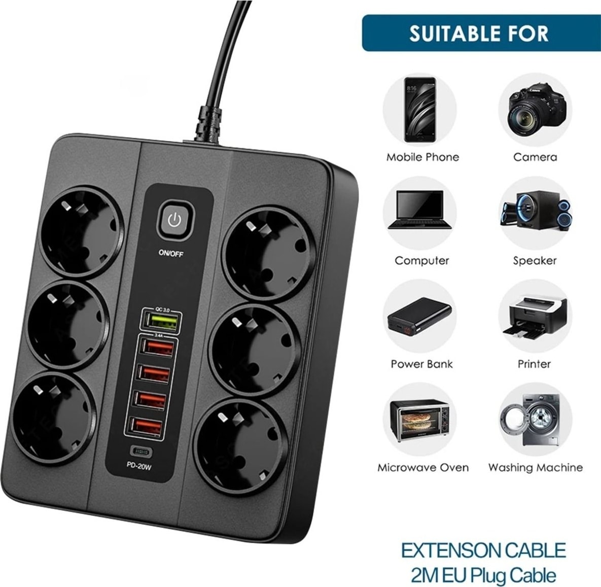 Termal Akım Korumalı 3000W 6 Lı Priz 2 Metre Uzatma Kablosu Çoklu Priz 5 USB 1 Type C Pd Giriş