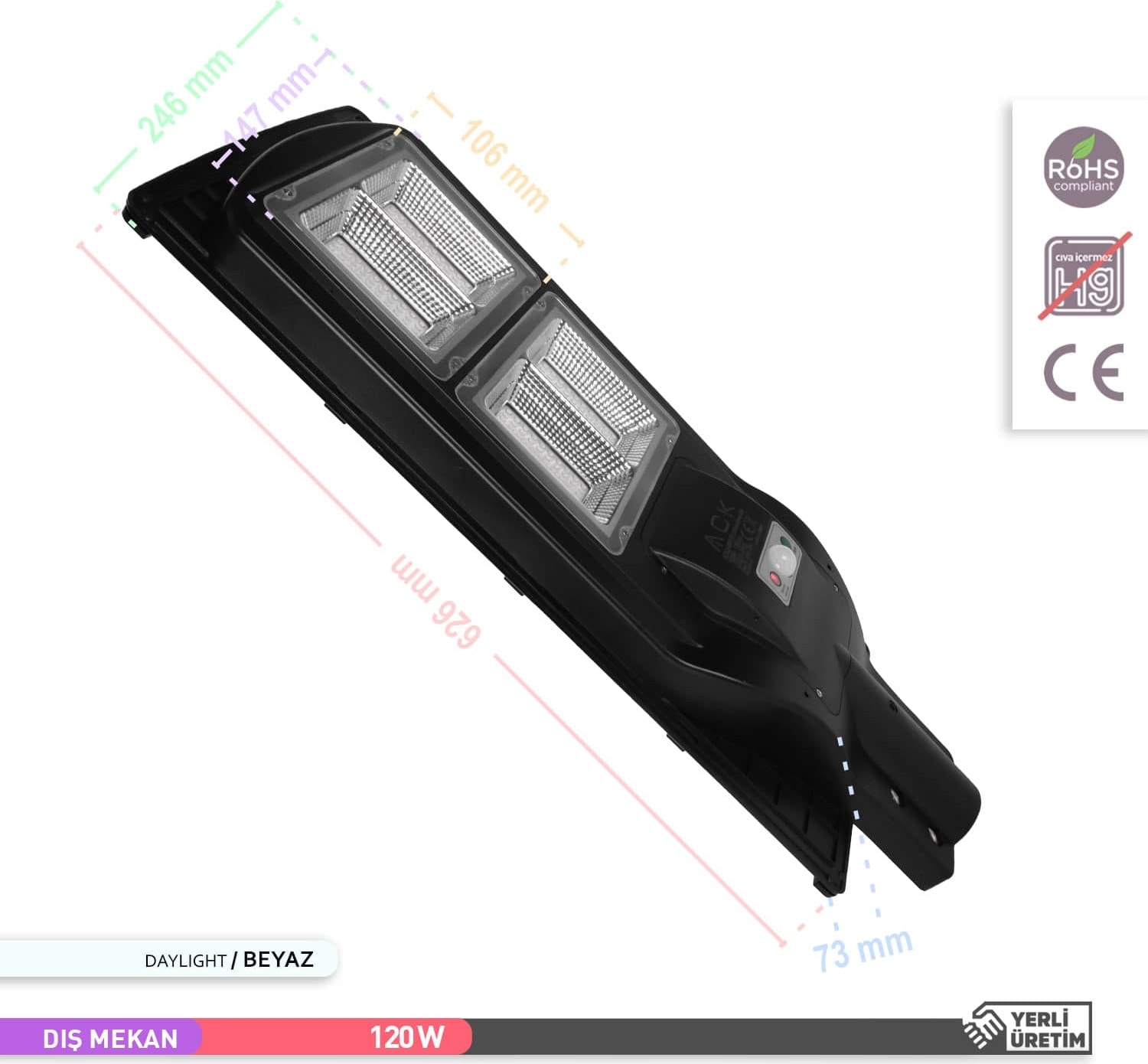 120W LED Solar Sokak Armatürü Siyah Kasa 6500K Beyaz Işık 3.2V