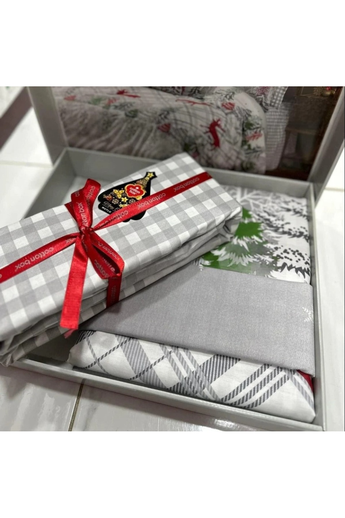 Çift Kişilik Ranforce Nevresim Takımı Yılbaşı Özel Holly Gri