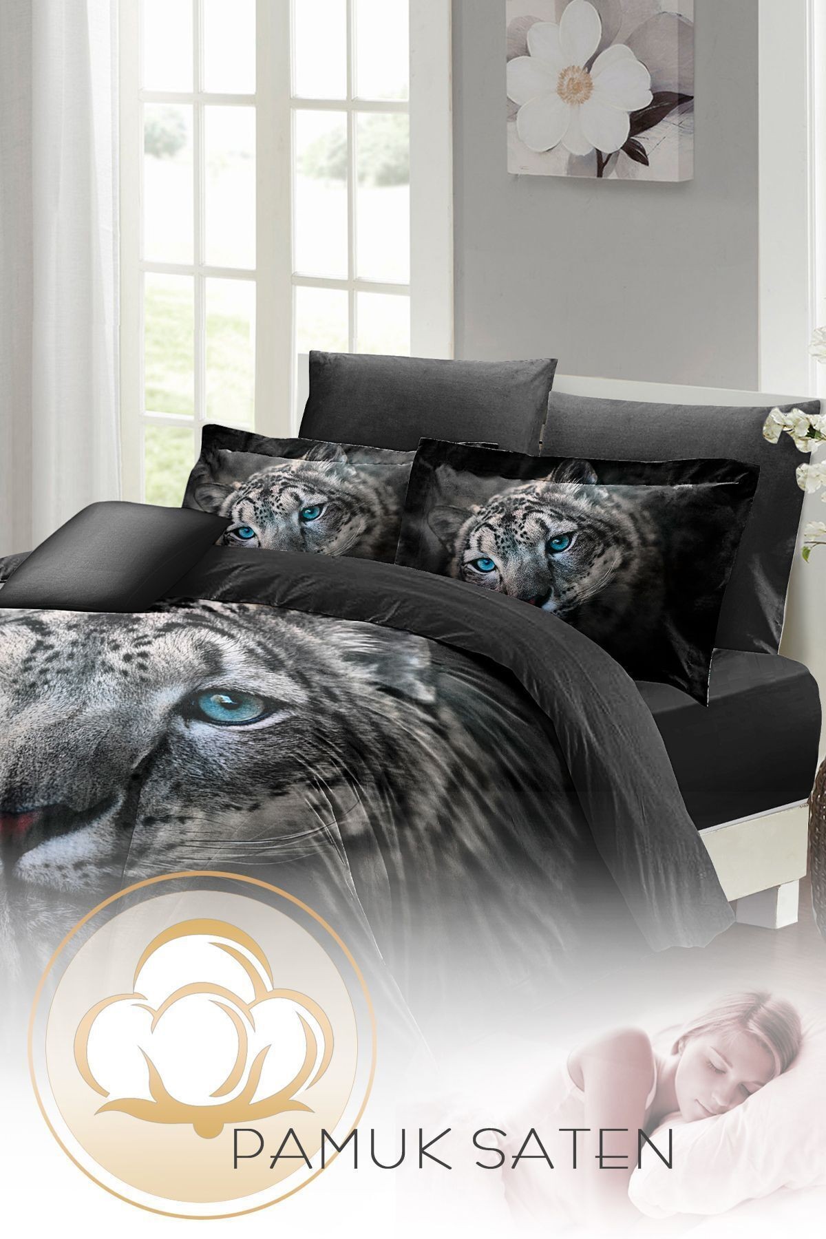 Leopar Lastikli Çarşaflı %100 Pamuk Saten Çift Kişilik Nevresim Takımı Blue Leopard