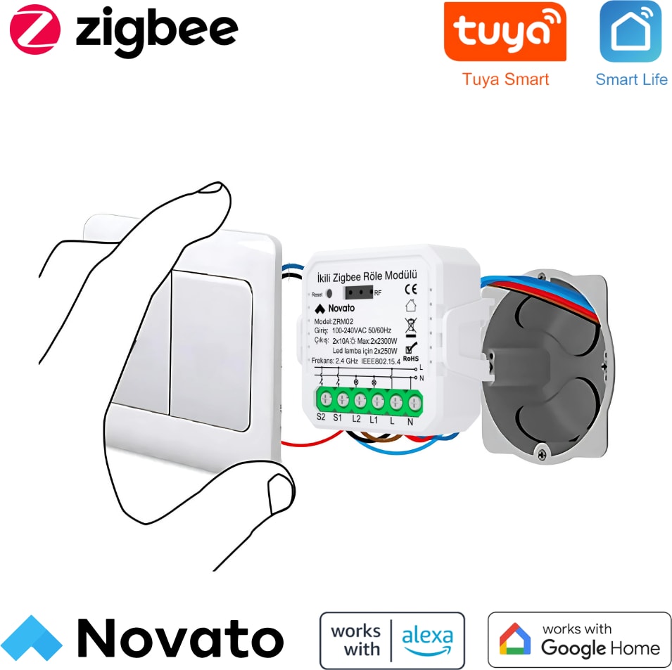 Tuya Uyumlu Zigbee Çift Çıkışlı Akıllı Anahtar (10A - 220V Röle) Anahtar Girişli, Google Asistan, Alexa Home Assistant Zigbee2MQTT ZHA Destekli Switch