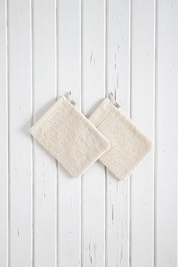 Havlu Banyo Kesesi %100 Pamuk Bukle 2'li Set Çizgili-Kapama Bordürlü Krem 15x20 Cm