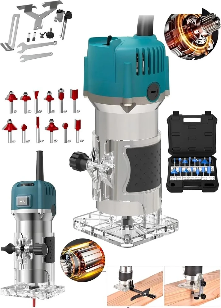 Alman 4200RPM 6 Kademe Devir Ayarlı Formika Traşlama Freze Makinesi 6 mm Pens + 12 Adet Uç Blue