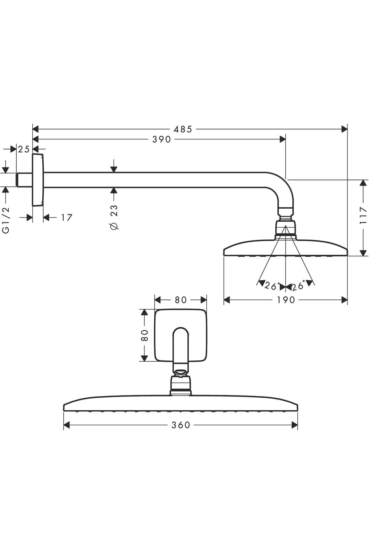 Raindance E Tepe duşu 360 1 jet, 39 cm duş dirseği ile - 27376000