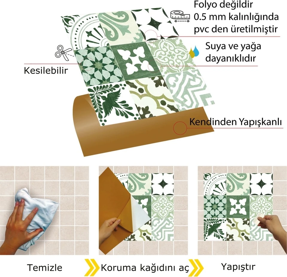 Kendinden Yapışkanlı Karma Yeşil Londra Desenli Pvc Karo 30X30 cm (33 Adet) 3 M2