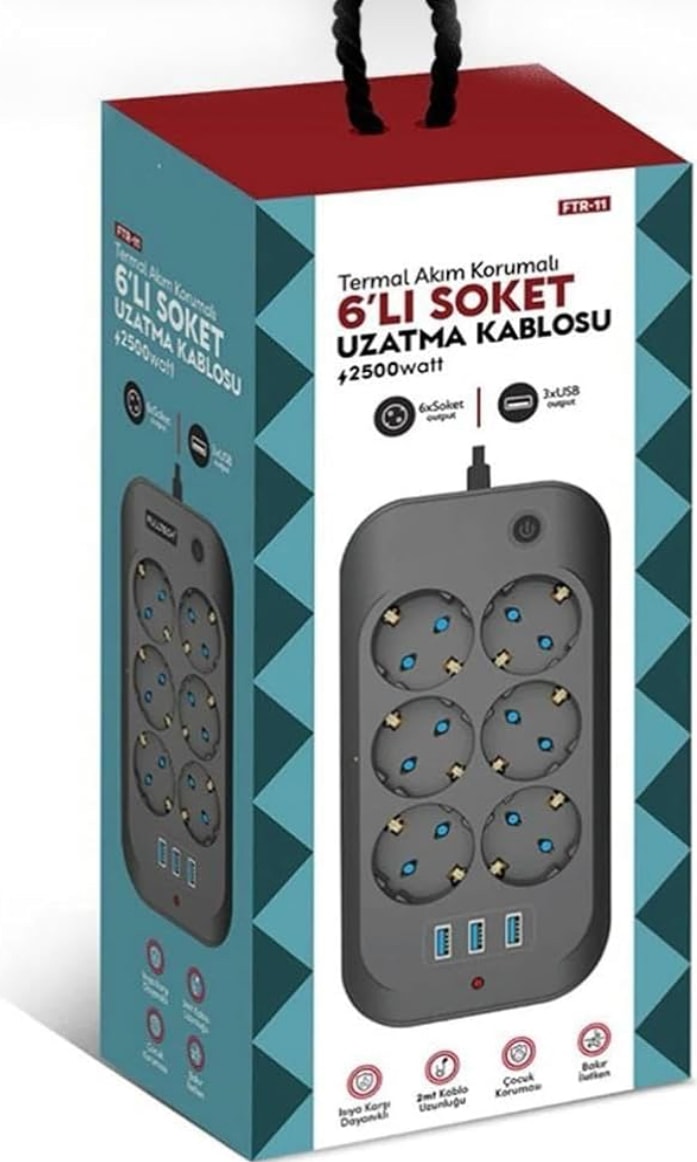 6 Priz 3xusb 10A 2 Mt Kablo 2500W Akım Korumalı Priz Ftr-11 8551