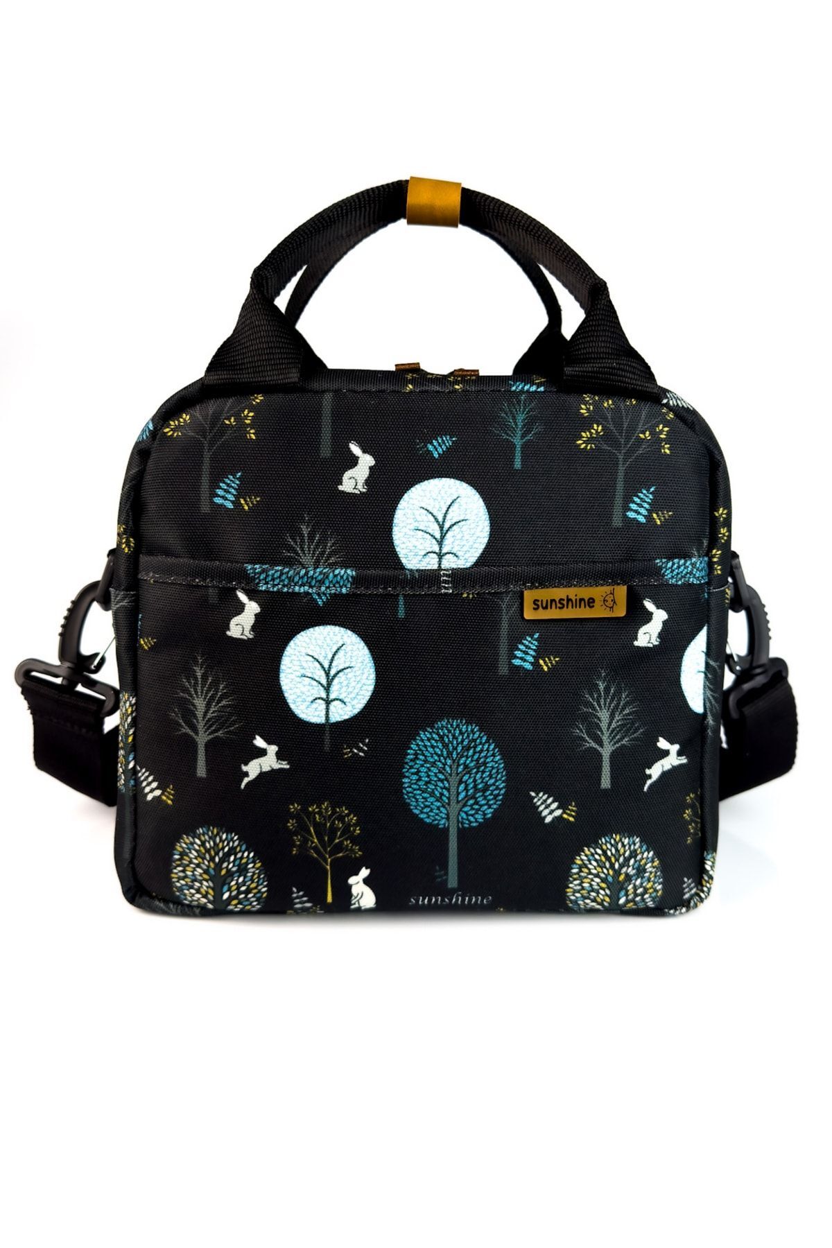 Siyah Ağaç Desenli Isı Izolasyonlu Yemek Taşıma Ek Gıda Beslenme Omuz Çantası