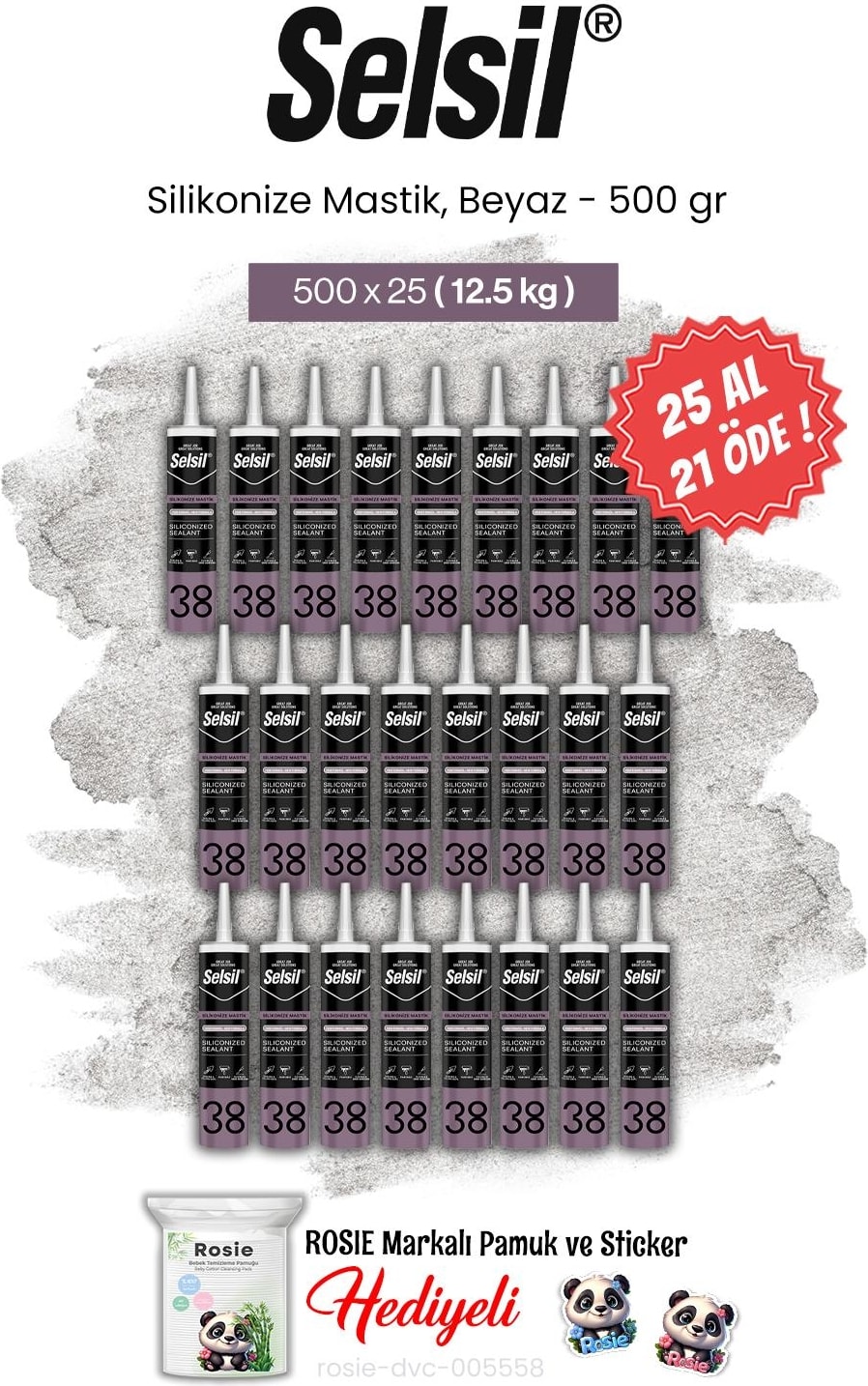 500 Gr, 25 Al 21 Öde Silikonize Mastik, Beyaz ve Rosie Pamuk