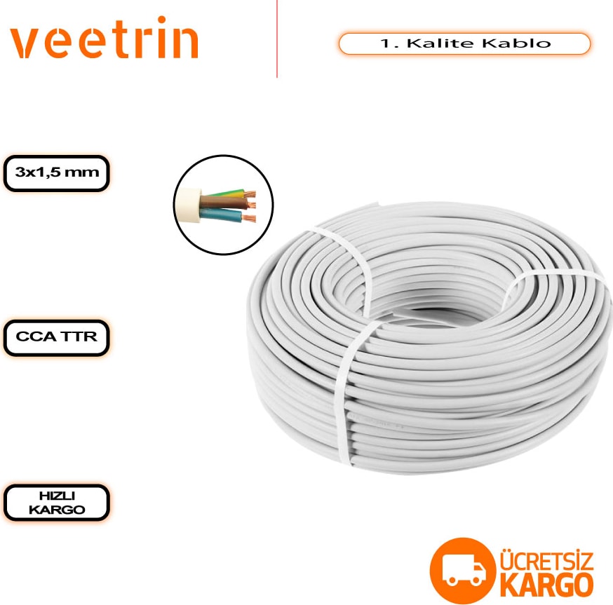 3 x 1,5 mm Çok Telli Cca Ttr Kablo