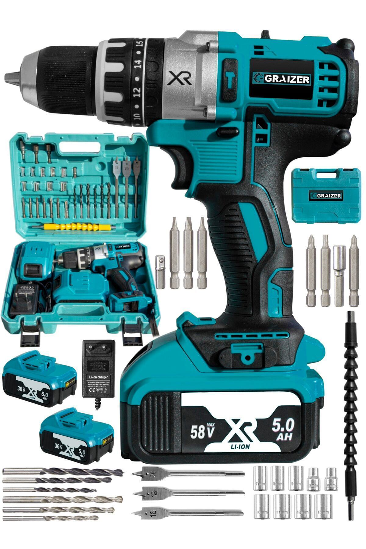 Alman Darbeli Bakir Sargili Çift Akülü Vidalama Çelik Şanzuman Şarjlı Matkap 5 Pilli Akü