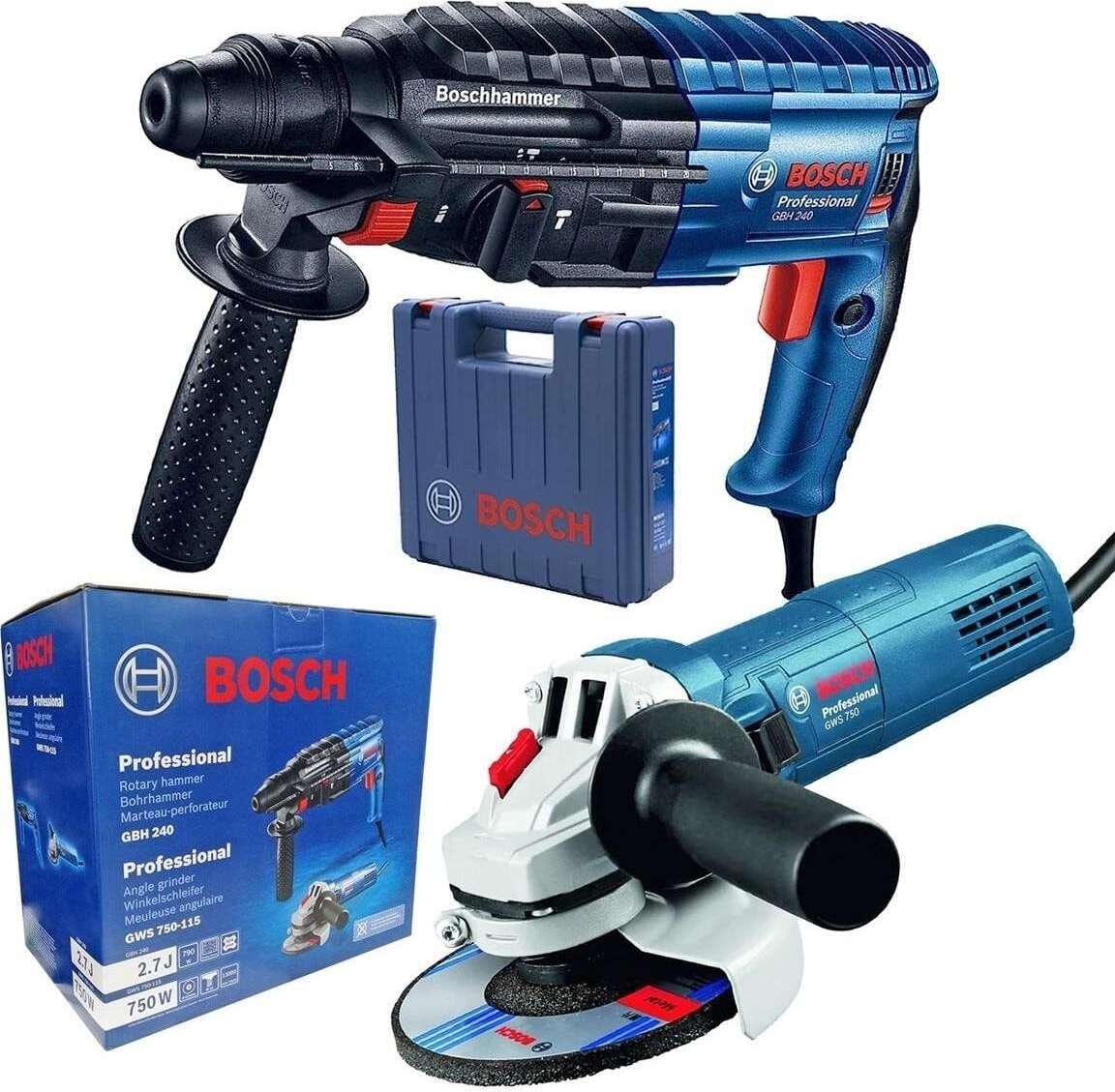 Profesyonel GBH 240 Kırıcı Delici + GWS 750-115 Avuç Taşlama Makinesi