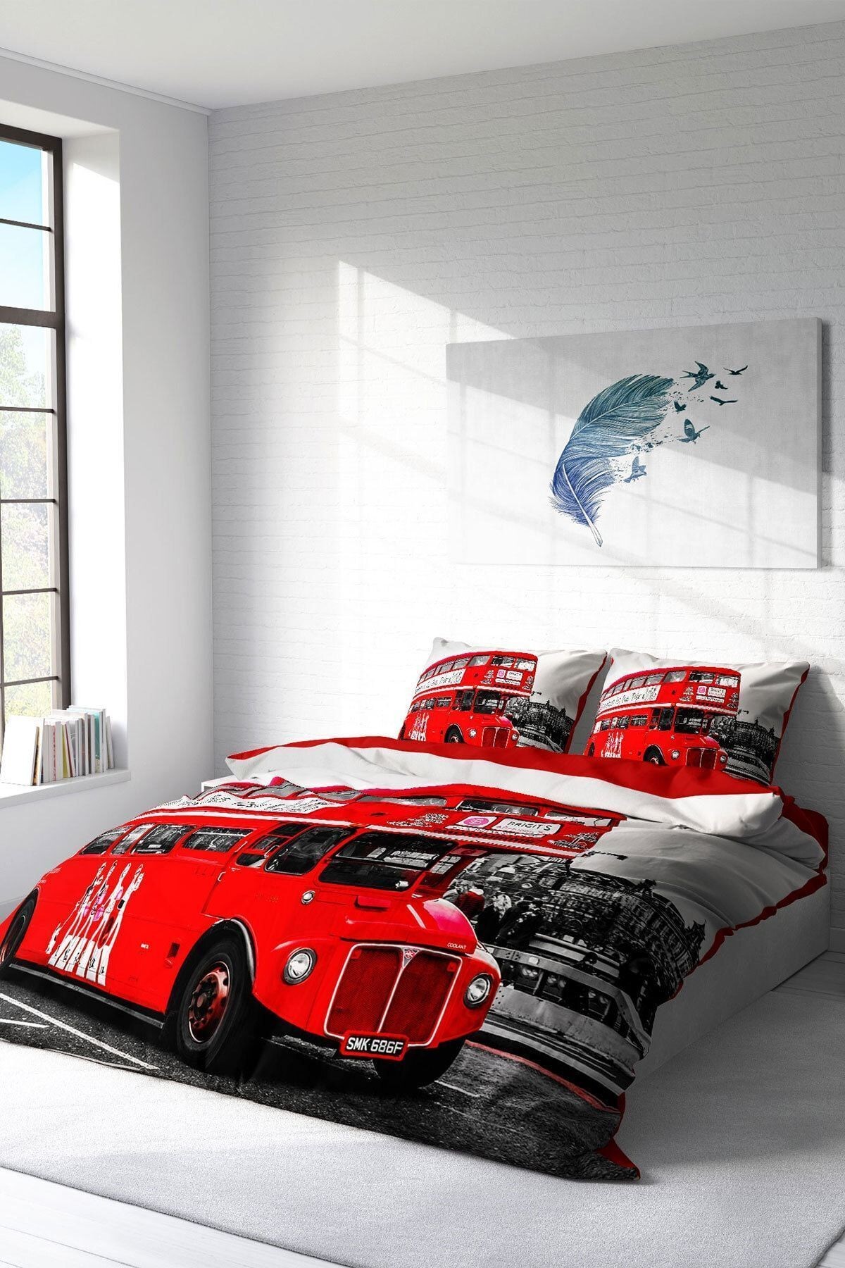 London Bus 3d Pamuk Saten Çift Kişilik Nevresim Takımı
